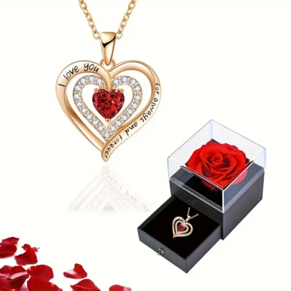 Luxury Red Zircon Pendant Necklaces With Rose Flower Gift Box For Girlfriend Women I Love You Gifts 2025 Trendy Wedding Jewelry